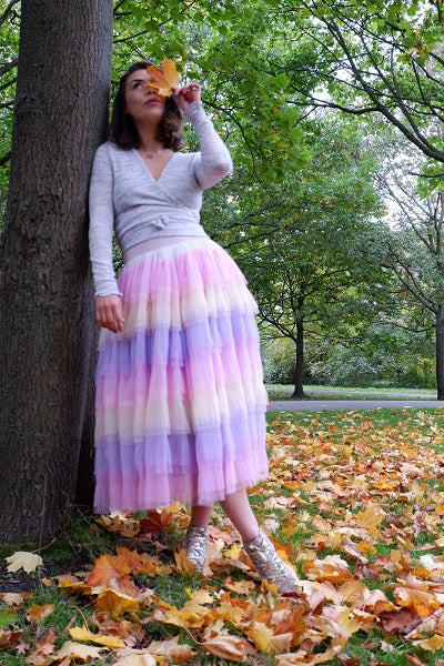 Beyond Label- cotton candy tulle skirt will definitely get you noticed. The soft fabric makes it light and easy to wear while the colours make it so so fun.   Versatile, comfortable wear,  easy to style for summer or colder months as well as dress up or down. What more can we ask from a skirt?