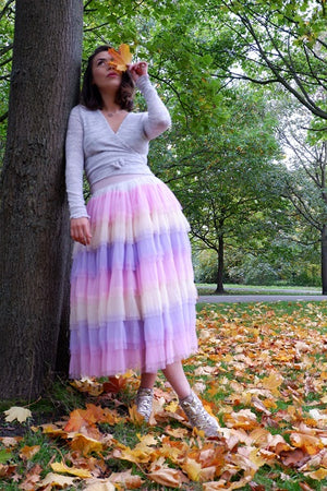 Beyond Label- cotton candy tulle skirt will definitely get you noticed. The soft fabric makes it light and easy to wear while the colours make it so so fun.   Versatile, comfortable wear,  easy to style for summer or colder months as well as dress up or down. What more can we ask from a skirt?