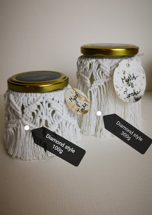 Beyond Label candles- handcrafted, vegan and eco paraffin wax in macrame jars candles come in a gift box, perfect for the festive season. Use the macrame jars (even after the candle it's finished) with a tea light candle