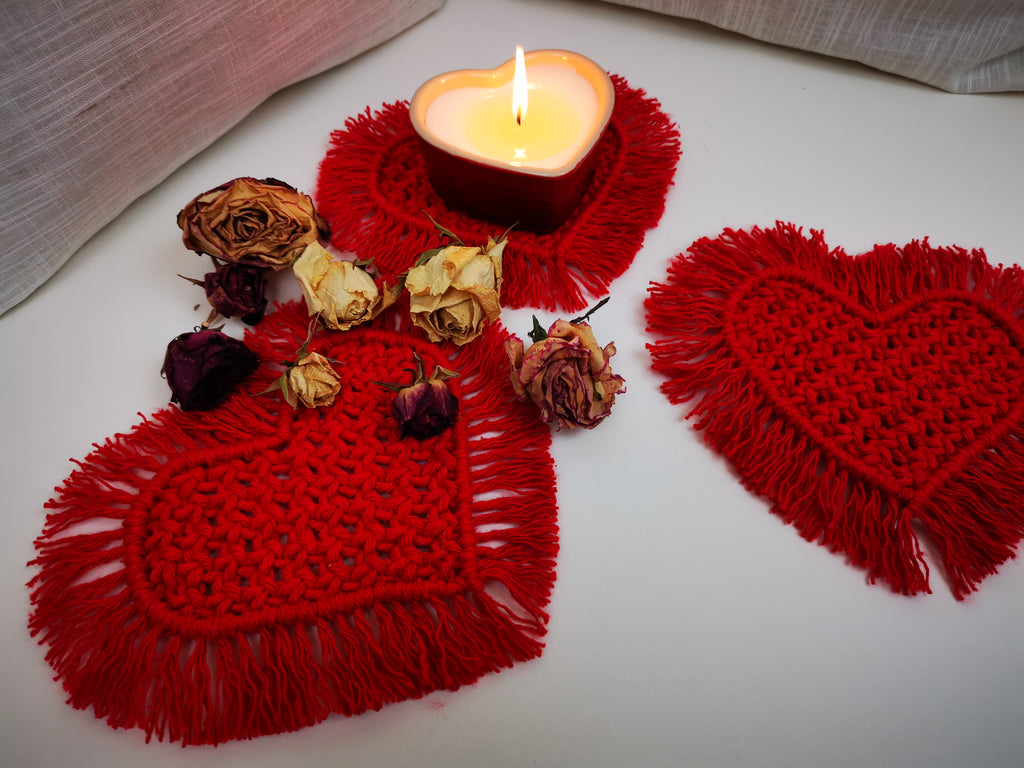 Beyond Label -Red heart macrame coasters - Show someone (or yourself) you love them by getting these amazing handmade heart-shaped coasters! This makes a cute gift to a family member, a partner or even a friend! Made with 100% recycled cotton macramé cord. These can also be placed under small pots of plants or even candles!