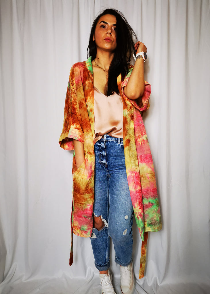 Make a beautiful statement this summer in our bohemian tie dye kimono. Our robes can be worn with anything, everything or with nothing else. You can wear it as a wrap-around dress, beach gown or simply as a dressing gown in the comfort of your home. Made from super-soft cotton with gorgeous lace appliques.